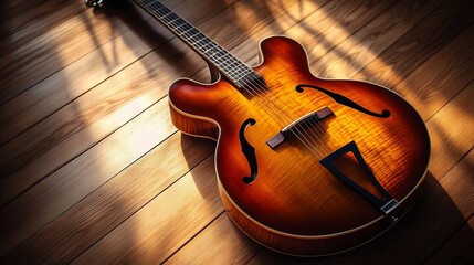 Acoustic guitar, warm tones, sunlit wood floor