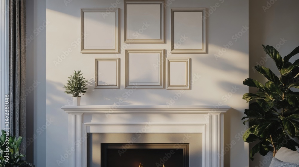 Aufkleber Modern living room fireplace with empty picture frames and plants, bathed in warm sunlight creating a serene and stylish atmosphere. : Generative AI