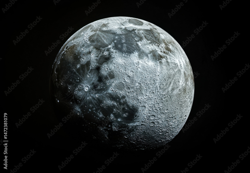 Poster a detailed view of the moon's surface, showcasing its craters and textured landscape against a stark