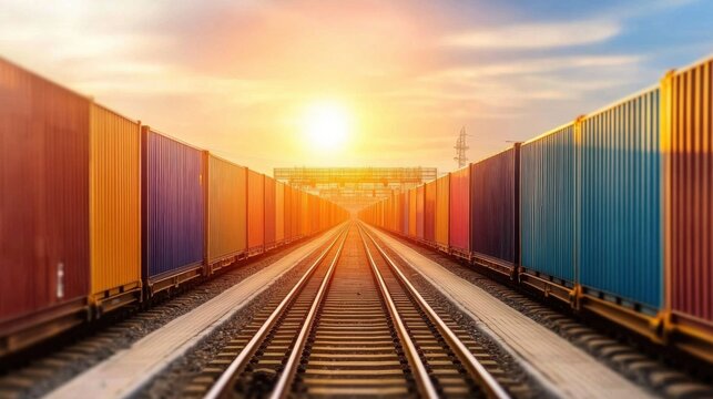 Freight train carrying colorful shipping containers at sunset, railroad tracks vanishing into the distance, golden hour light. : Generative AI