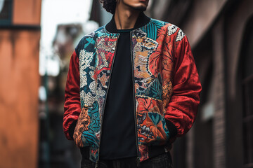 Man In Red And Multicolored Printed Bomber Jacket In Urban Setting