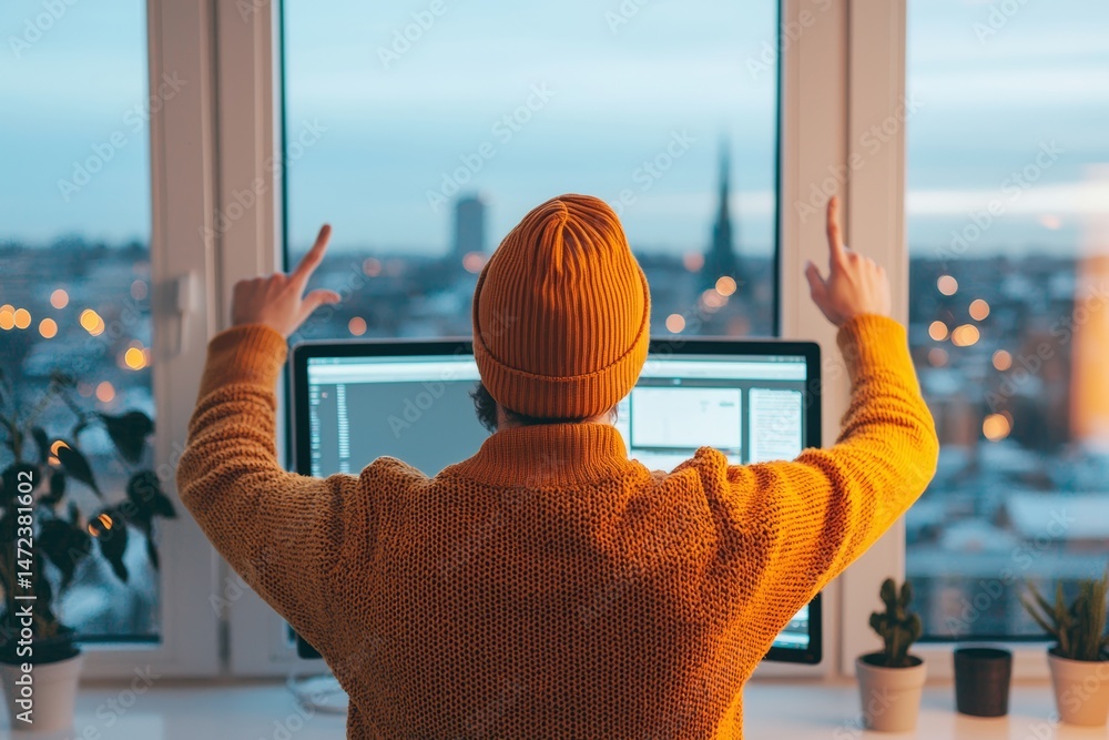 Poster a person in a yellow sweater and beanie works at a computer by a window, gesturing with both hands, 