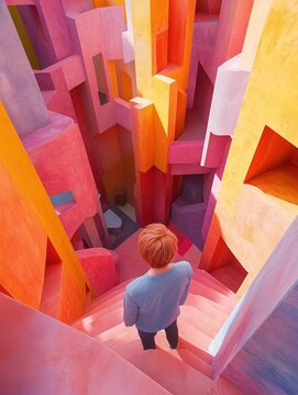 Ein Mann betrachtet eine fantasievoll bunte Architektur 