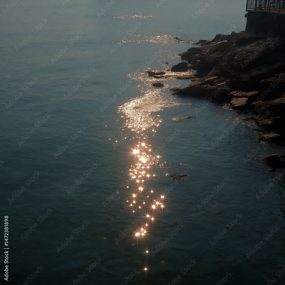 Poster sunlight reflecting and sparkling on the surface of a calm blue sea, creating shimmering highlights 