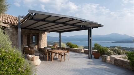 Stylish garden roof with foldable fabric pergola for shade and comfort