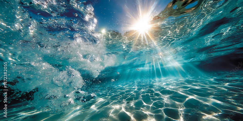 Poster the rippled and distorted texture of clear blue swimming pool water with sunlight creating abstract 