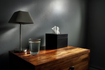 Serene Bedroom Still Life: Minimalist Nightstand with Lamp, Tissues, and Water