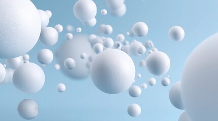 Floating White and Silver Spheres in a Soft Blue Background