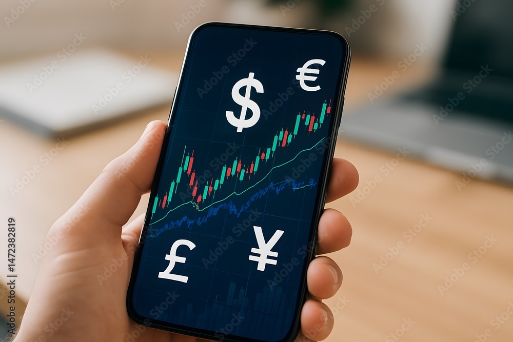 Poster a close-up of a trading app on a mobile device, featuring a bullish graph and multiple currency symb