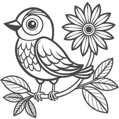 Fototapeta premium Charming Little Bird Perched on a Branch with a Blooming Flower Black and White Coloring Page Illustration 