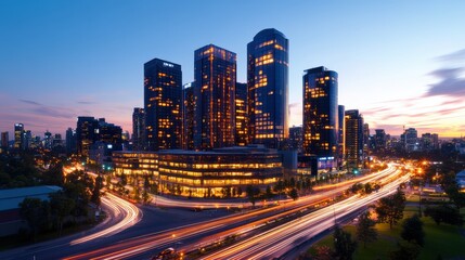 Naklejka premium Modern buildings shine in the night sky above highway traffic trails in the cityscape at twilight hour.