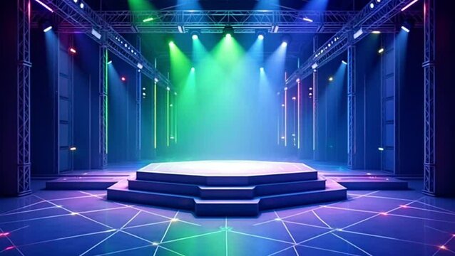 Empty stage with vibrant lighting and geometric design.  Detailed stage platform with multiple levels.  Illuminated by colorful spotlights.  Metal framework structure