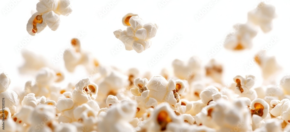 Poster a delightful cascade of fluffy popcorn kernels, some airborne, against a bright white backdrop, show