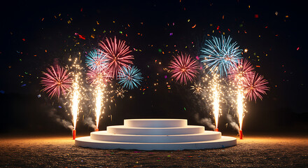 A circular, tiered white podium is set outdoors, surrounded by colorful fireworks and vertical sparks exploding under a dark sky with falling confetti, celebrating a grand triumph.
