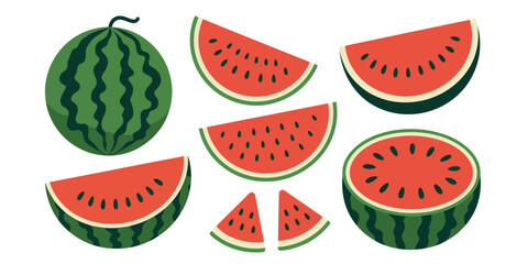 Watermelon Slice Illustration Set Color Black and White, Watermelon Line Art Illustrations Set for Coloring, Watermelon Fruit Half Slice Icons Black White