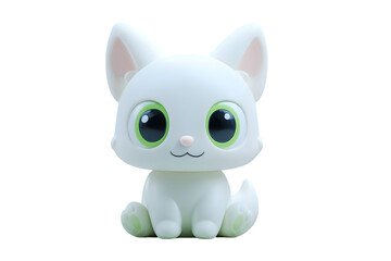 Adorable white kitten figurine with big green eyes cute cartoon animal toy lovely pet sitting posing on transparent background fun