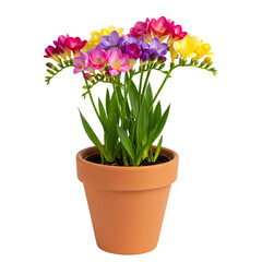Vibrant Freesia Flowers in Terracotta Pot Colorful Blooms isolated on transparent background