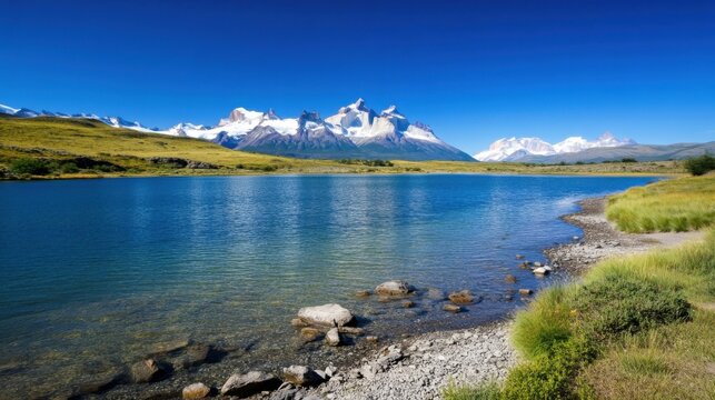 Serene turquoise lake reflecting snow-capped Paine Massif mountains under a vibrant blue sky, Patagonia. : Generative AI