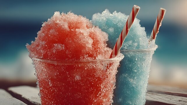Erfrischendes Slush-Eis in Rot und Blau am Strand serviert
