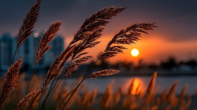 St&auml;dtischer Sonnenuntergang mit Wildgr&auml;sern im Vordergrund
