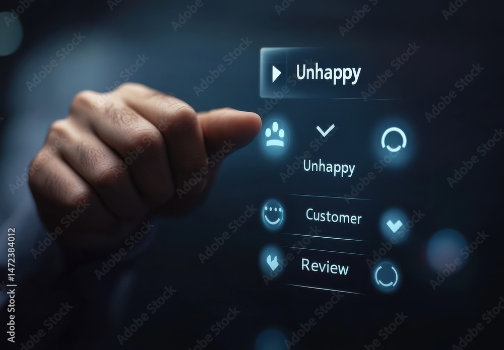 Aufkleber A hand interacts with a digital interface, selecting the 'unhappy' customer review option, highlighting negative feedback and user experience. : Generative AI