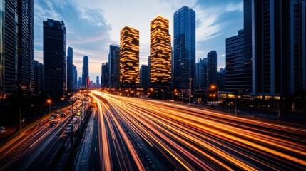 Obraz premium Urban city lights streak through the Shanghai cityscape with towe architecture at dusk, an energetic scene.