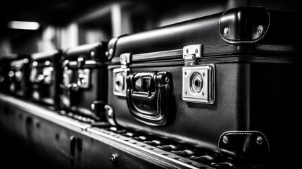 A row of black suitcases lined up on a conveyor belt