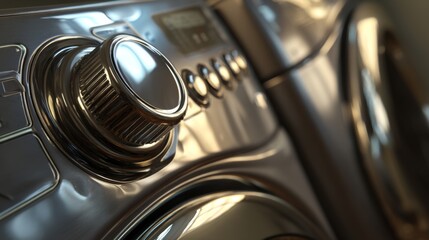 Close-up of a modern washing machine control panel with metallic finish