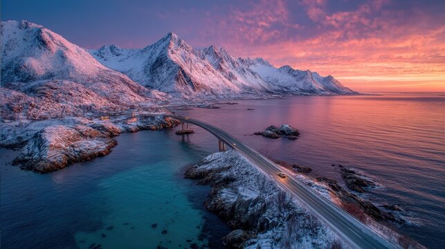 Snowy fredvang bridges at sunset in lofoten islands, norway