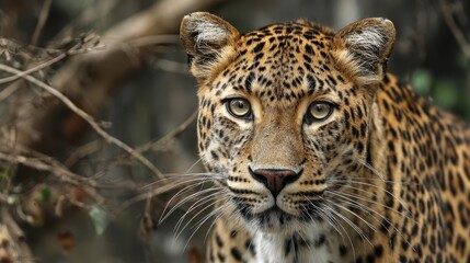 Fototapeta premium A majestic leopard with striking eyes prowls in its natural habitat, exuding power and grace amidst the wild foliage.