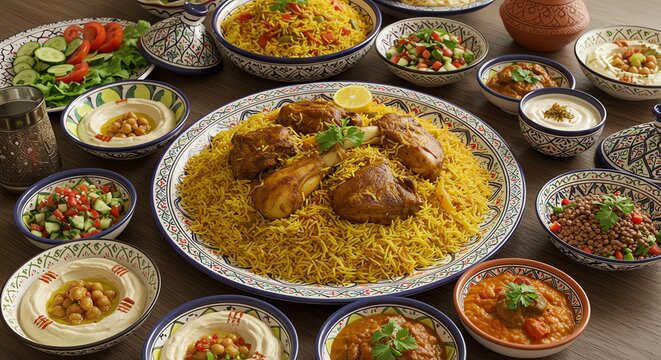 Middle Eastern cuisine assortment with rice and meat
