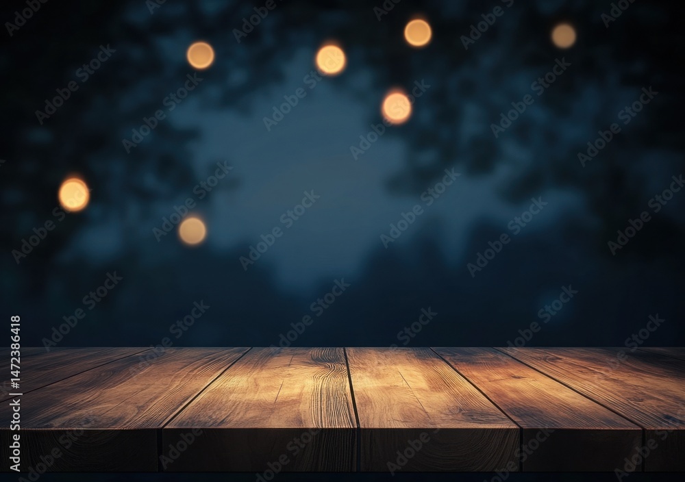 Poster dark wooden table against a blurred nighttime background with warm bokeh lights, perfect for product