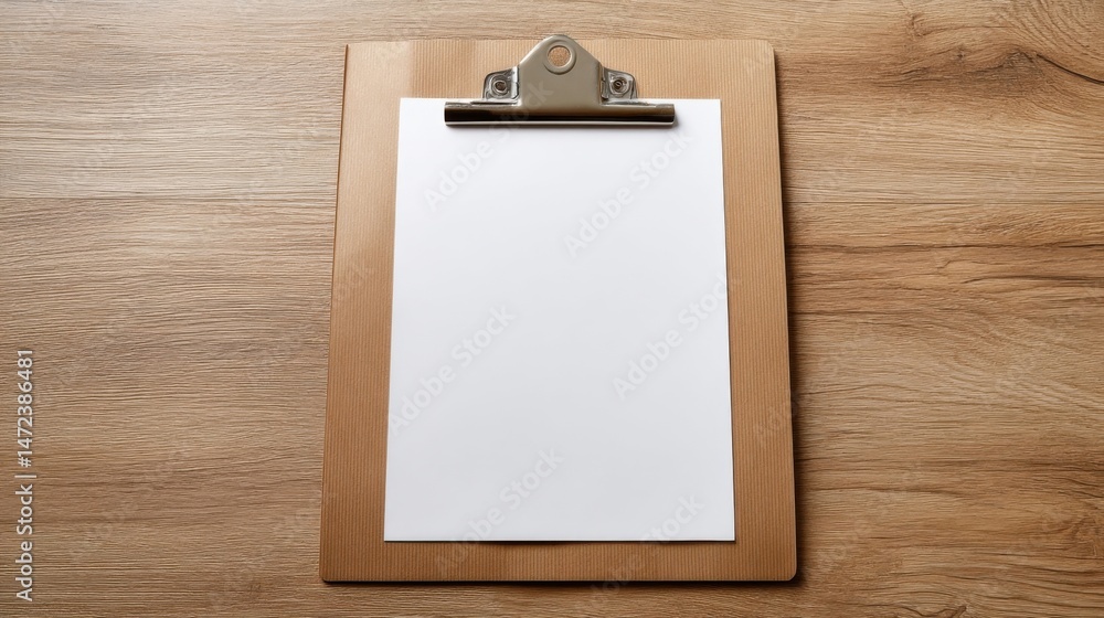 Poster Blank white paper on brown clipboard, sitting on light brown wooden desk.  Perfect for mockups or adding your own text and design. : Generative AI