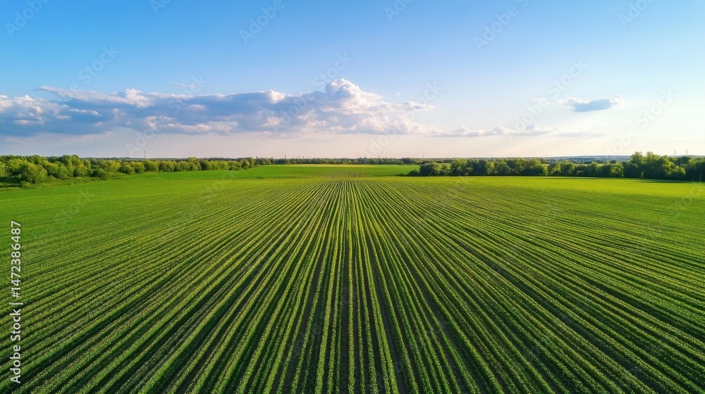 Poster aerial view of a vast, vibrant green agricultural field extending to the horizon under a partly clou