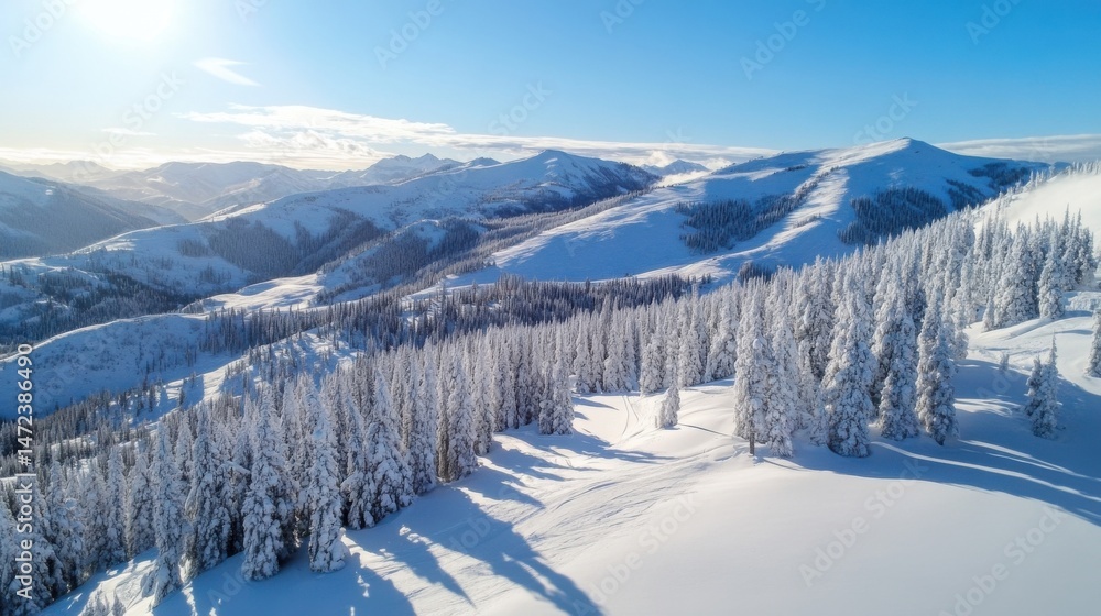 Poster aerial view of snow-covered mountain range with evergreen trees, showcasing a winter wonderland scen