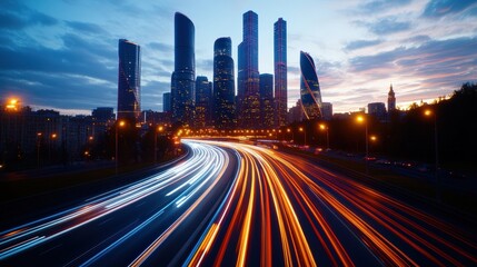 Cityscape featu vibrant light trails and modern skyscrapers illuminated against the dusky evening sky.