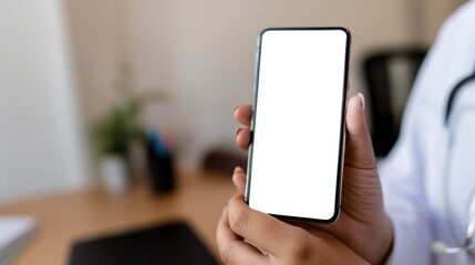 Medical Professional Holding Smartphone with Blank Screen Display