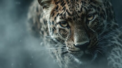 Fototapeta premium Leopard wildlife ambush concept. Majestic leopard close-up, showcasing its intense gaze and intricate fur patterns.