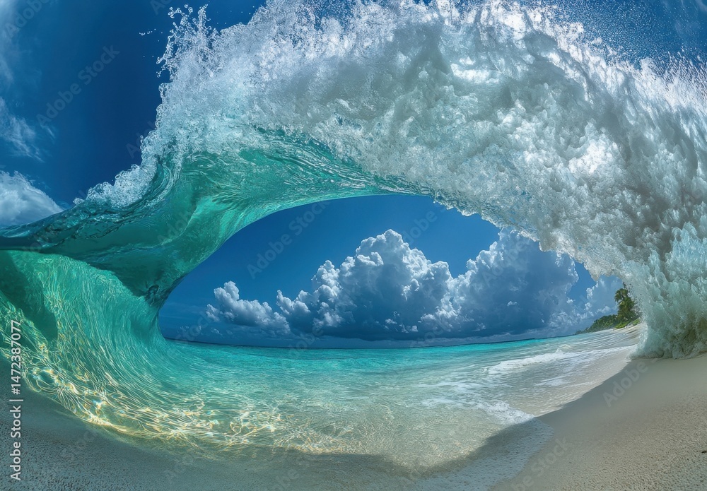 Poster a turquoise wave curls into a breathtaking barrel, revealing a vibrant ocean scene with fluffy white