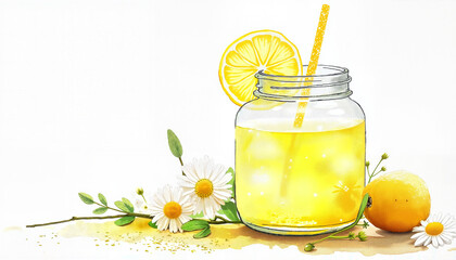 Watercolor Mason Jar Lemonade with Chamomile and Lemons with Copy Space