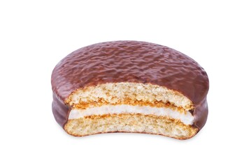 Chocolate sandwich cookie choco pie on a white isolated background