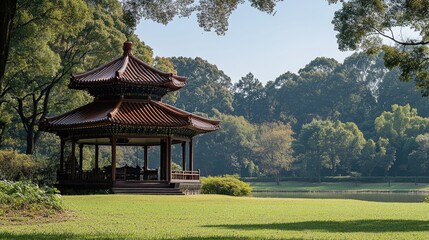 Obraz premium Tranquil park gazebo overlooking a serene lake. Lush greenery surrounds a traditional Asian-style pavilion