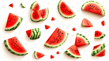 A vibrant scattering of juicy watermelon slices, various sizes, on a white background