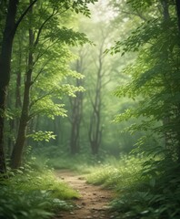 Fototapeta premium Soft, blurry green leaves create an ethereal, out-of-focus forest backdrop , trees, element, canopy