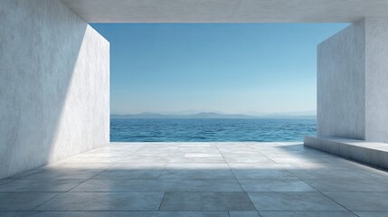 3D rendering of empty concrete floor with gray wall and sea view Clear sky in background Modern open plaza space for text or design use