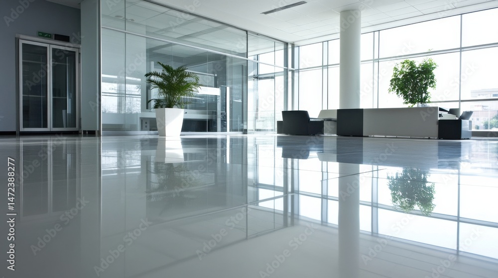 Poster modern office lobby with polished floor reflecting large windows and minimalist furniture, showcasin