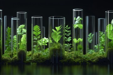 3D rendering, green plants in test tubes with water and moss on black background.