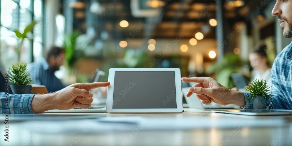 Poster two colleagues collaborate, pointing at a tablet screen displaying a blank interface in a modern, br
