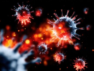 Microscopic view of glowing virus cells in dark background