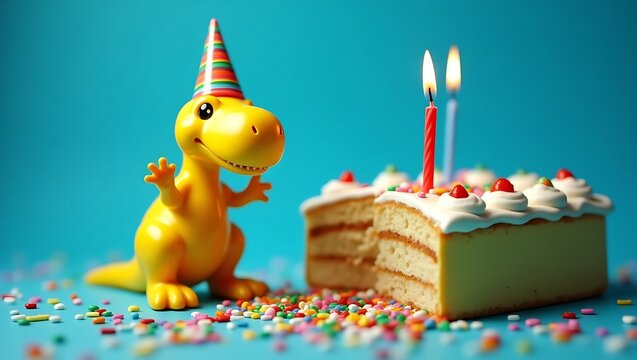 Adorable Dinosaur Celebrating Birthday with Delicious Cake and Colorful Sprinkles